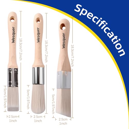 Wesquer 3-Pack 1Inch Paint Brush for Detail Work - Triangle, Round & Square Head Set for Precision Corners, Edging, Touch-Ups, Trim, Models & Small DIY Projects