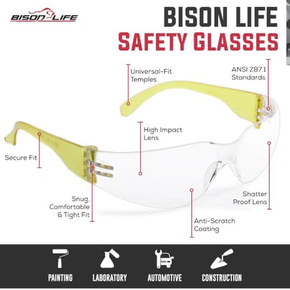 BISON LIFE Clear/Yellow Safety Glasses for Men & Women, ANSI Z87.1, 6 Pack - color: Clear/Yellow