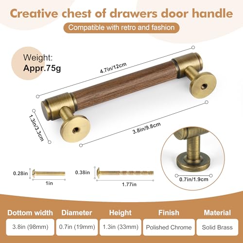 SALISENG-Solid Brass and Walnut Wood Kitchen Cabinet Pulls, 5 Pack 3-3/4 Inch Brass Dresser Drawer Handles, Modern Furniture Hardware Pulls for Bathroom Bedroom Living Room Cabinets - size: 3-3/4 Inch Hole Center