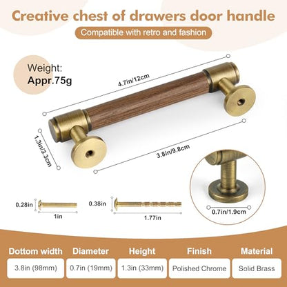 SALISENG-Solid Brass and Walnut Wood Kitchen Cabinet Pulls, 5 Pack 3-3/4 Inch Brass Dresser Drawer Handles, Modern Furniture Hardware Pulls for Bathroom Bedroom Living Room Cabinets - size: 3-3/4 Inch Hole Center