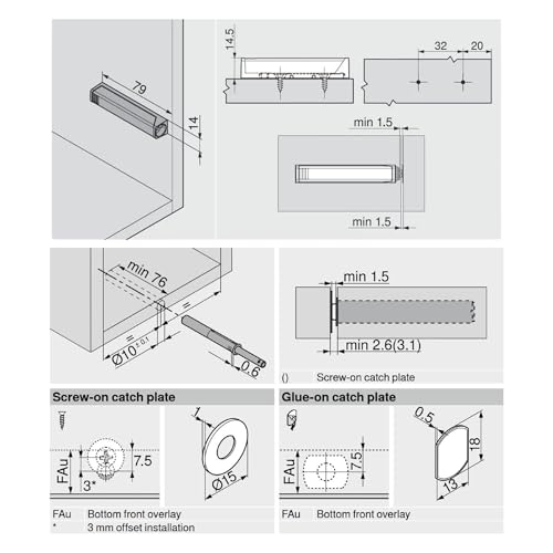 Blum 956A1004 TIP-ON Push to Open Magnetic Cabinet Latch, Platinum Grey