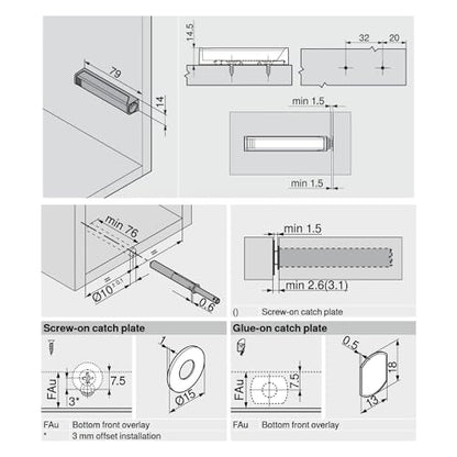 Blum 956A1004 TIP-ON Push to Open Magnetic Cabinet Latch, Platinum Grey