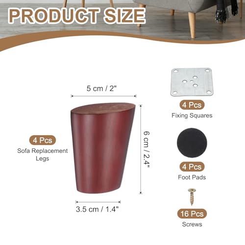 PATIKIL Wood Furniture Legs, 4Pcs 2.4" Tapered Replacement Sofa Leg for Chair Couch Bed Coffee Table Dresser, Red Walnut - color: Red Walnut, size: 2.4"