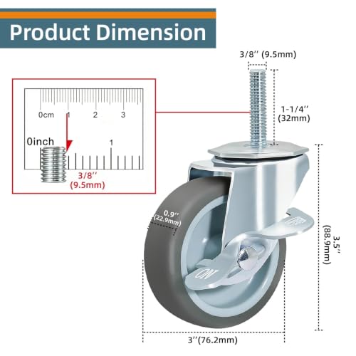 Stem Casters Wheels Set of 4 Standard US 3/8"-16 x 1-1/4" with Brake - color: Grey, size: 3 inch