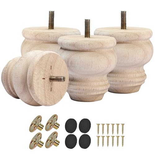 3 Inch Unfinished Wooden Bun Feet, Pack of 4 - Solid Wood Furniture Legs with 5/16" Hanger Bolts & T-Nuts for Sofa Cabinet Ottoman Dresser Couch Table - DIY Replacement & Riser Legs Set - color: Type B, size: 3 inch