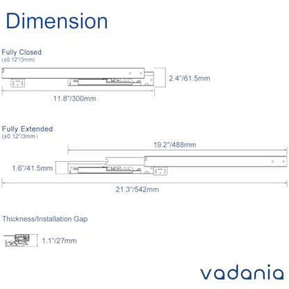 VADANIA #BK54 12" Undermount Drawer Slide, Soft Close - size: 12 Inch, style: Soft Close