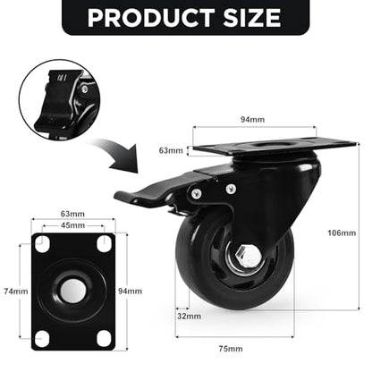 Caster Wheels,3 Inch Heavy Duty Casters with Brake,Set of 2, Black - color: Black, size: 3"