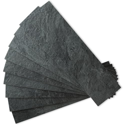 AULIGET 4-Piece Black Peel and Stick Backsplash Wall Tiles, 3" x 12" PVC Faux Slate Stick on Tiles - color: Black Slate, size: 4 Pieces, 3"x12"x0.12"