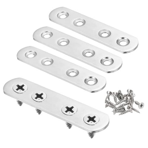 HARFINGTON 4pcs Straight Bracket 3.3" x 0.8" Stainless Steel Flat Fixing Brackets Mending Plate Corner Brace Connector with 16 Screws for Wood Board Bed Frame Furniture Shelves, Silver - size: 3.3" x 0.8"