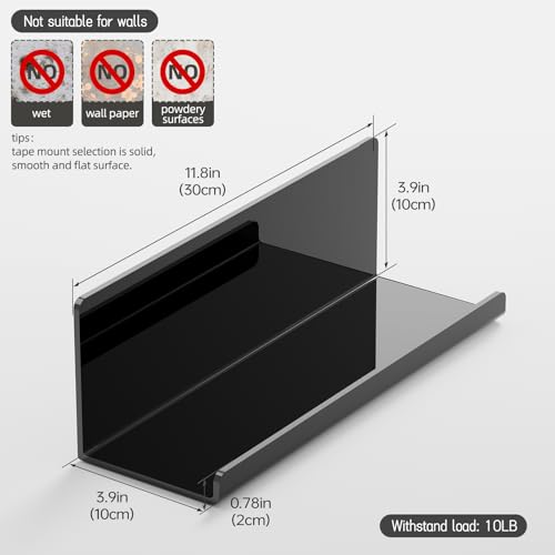 PAVSTINE Acrylic Floating Shelves for Wall No Drilling, Self Adhesive Space-Saving Shelves, 12 Inch Floating Shelf Stick on Wall Shelf, for Bathroom, Kitchen, Bedroom, Office, Gaming Room, Black - color: Black
