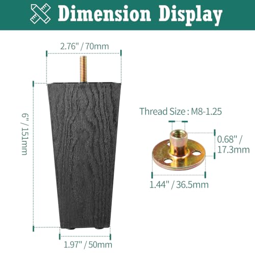 4pcs Plastic Square Legs 6" with Plate Nuts, M8-1.25 Thread - size: 6 Inch, M8-1.25 Metric Bolts
