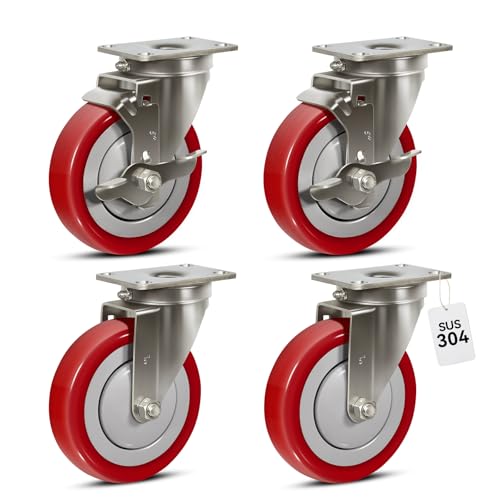 5" Caster Wheels, Stainless Steel Casters Set of 4 Heavy Duty, Anti-Corrosion Polyurethane Industrial Caster Wheels for Cart (2 Brake& 2 Swivel) - style: 2 Brake&2 Swivel