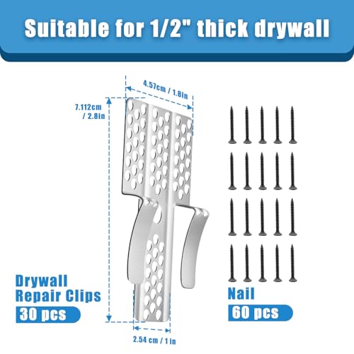 Drywall Repair Clips, 30pcs Drywall Fastner Clips with 60 Screws Fits 1/2" and 5/8" Panels Stainless Steel Wall Patch Kits for Walls Repairing (30)