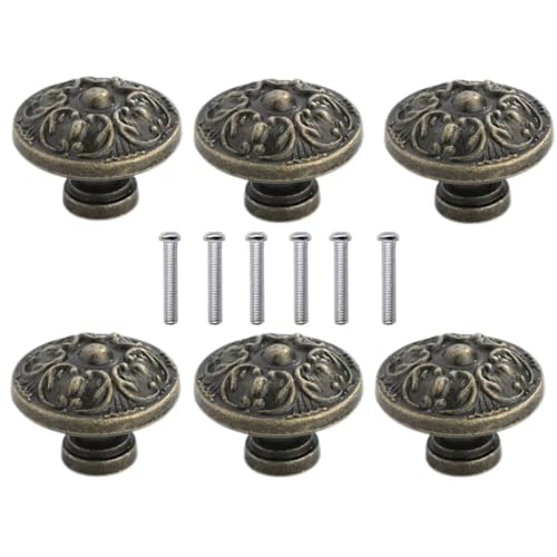 6 PCs Vintage Antique Bronze Knob Handles - Drawer Knob Pulls with Embossing, Diameter 1.1-in (29 mm) Height 0.9-in (22 mm)
