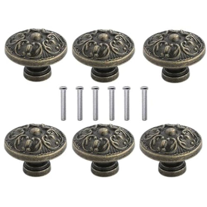 6 PCs Vintage Antique Bronze Knob Handles - Drawer Knob Pulls with Embossing, Diameter 1.1-in (29 mm) Height 0.9-in (22 mm)