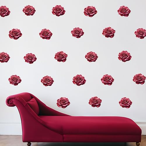 Watercolor Roses Wall Decals, 24 Large Easy Peel & Stick Roses Stickers, Premium Removable and Repositionable Floral Wall Art Fabric Stickers (Burgundy) - color: Burgundy