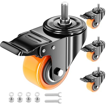 2 inch Caster Wheels Heavy Duty 3/8" Threaded Stem Casters Set of 4 - color: Orange, size: 2in(3/8"-16)