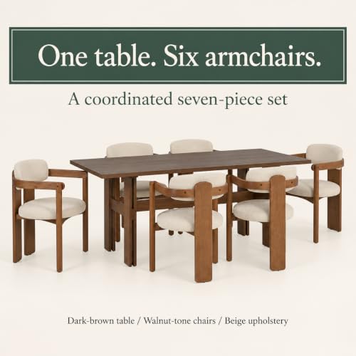 7-Piece Solid Wood Dining Chair Set with Large Kitchen Table, Walnut - color: Beige,dark Brown,walnut