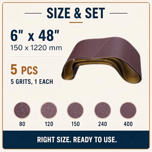 6x48 Sanding Belts, 5 Pack, 1 Each of 80/120/150/240/400 Grits - size: 6 x 48 in, 5-Pack