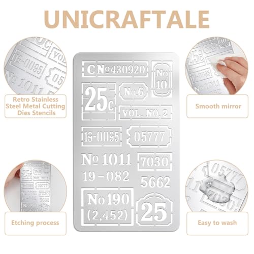 UNICRAFTALE 2Pcs Bill Digital Stamp Text Metal Stencils Retro Stainless Steel Number Words Template Reusable Bookmark Label Stencil for Card Making DIY Scrapbooking 6.96"x3.97" - style: Bill Digital Stamp Text