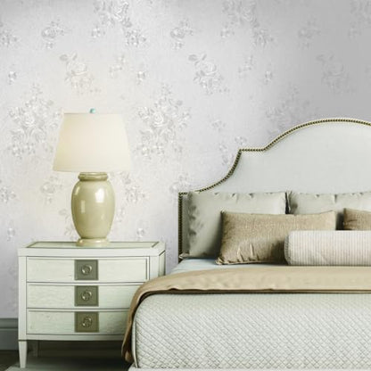 White Embossed Peel and Stick Wallpaper Textured Floral Contact Paper - color: White, size: 17.7" x 394"