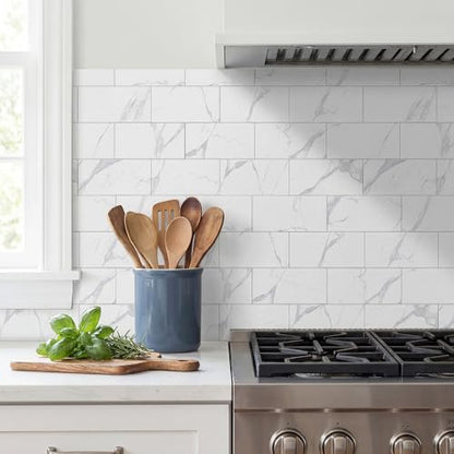 4 Sheets Calacatta White Marble Look Peel & Stick Subway Tile 4"x8" - color: Calacatta White, size: 4 Pcs 4" x 8" x 0.07"