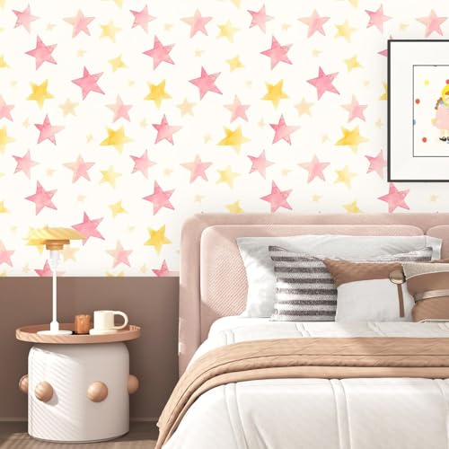 Fvlow Colorful Star Peel and Stick Wallpaper 17.4" x 394" - color: Pink/Gold, size: 17.4"W x 394"L