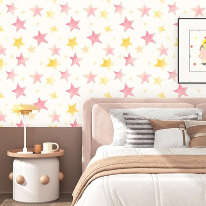 Fvlow Colorful Star Peel and Stick Wallpaper 17.4" x 394" - color: Pink/Gold, size: 17.4"W x 394"L
