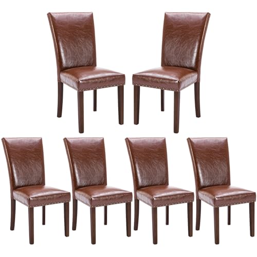 COLAMY Upholstered Parsons Dining Chairs Set of 6, PU Leather Dining Room Kitchen Side Chair with Nailhead Trim and Wood Legs - Light Brown - color: L-lightbrown, size: Set of 6