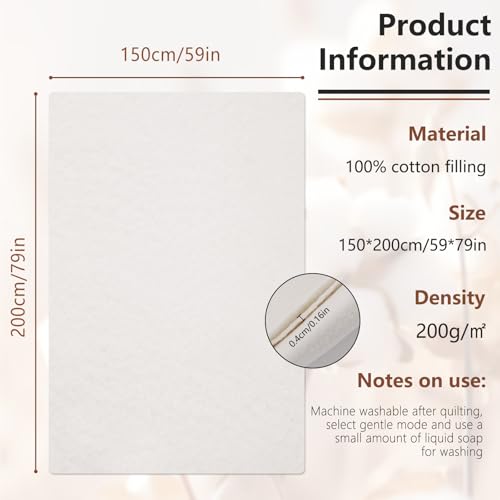 Cotton Quilting Batting Natural Quilt Batting 59 x 79 Inch 200gsm - size: 59"×79"