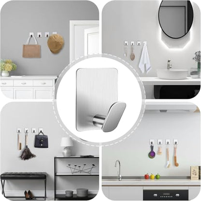 DELITON Sticky Hooks for Hanging Adhesive, Silver Wall Hooks for Bathroom Kitchen Office Stainless Steel Heavy Duty No Damage, Brushed Nickel, 6 Pack - color: Silver-6