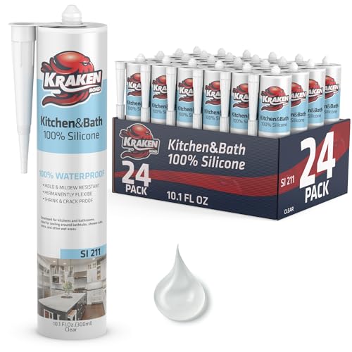 Kraken Bond Premium RTV Silicone Sealant Clear, 24x10.1 fl.oz. 100% Waterproof Silicone Caulk for Kitchen, Bathroom, Shower, Sink, Tub, Window & Door - size: 24 Pack