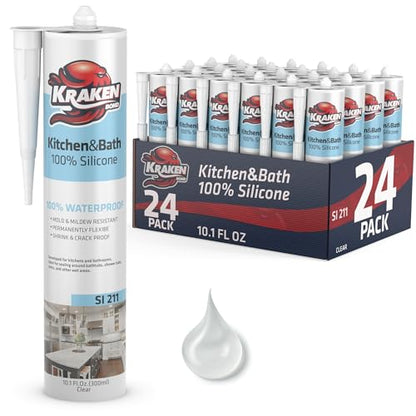 Kraken Bond Premium RTV Silicone Sealant Clear, 24x10.1 fl.oz. 100% Waterproof Silicone Caulk for Kitchen, Bathroom, Shower, Sink, Tub, Window & Door - size: 24 Pack