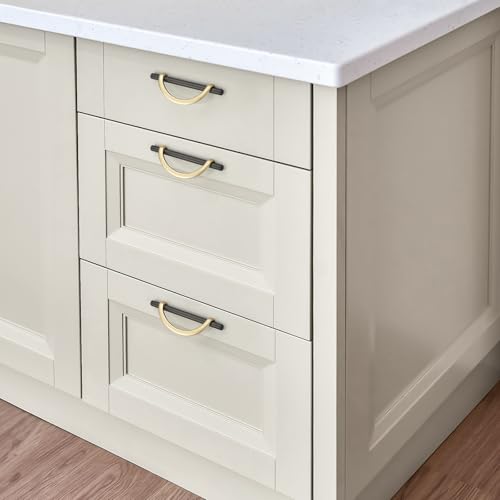 HOME EDIT Brushed Gold & Grey Cabinet Pulls Curved, 5 Inch/128 mm, 10 Pack - color: Brushed Brass & Pearl Grey, size: 5 Inch Hole Center