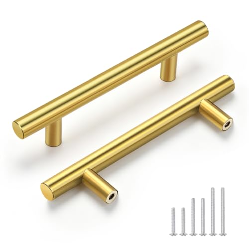 Gobrico 10 Pack 3-1/2 inch (90mm) Hole Centers Cabinet Handles, Brushed Gold Cabinet Pulls, Stainless Steel Round Kitchen Cabinet Handle, Brushed Brass 6'' Overall Length Drawer Pull - color: Gold, size: 3-1/2 Inch Hole Center