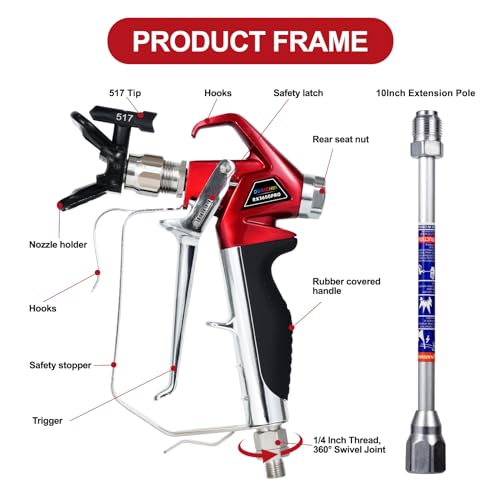 DUSICHIN Airless Paint Primer Spray Gun High Pressure 3600 PSI Reversible 517 Nozzle Tip Guard Swivel Joint with 10 inches Extension Pole for Titan Graco Airless Paint Sprayers Aftermarket DUS3600