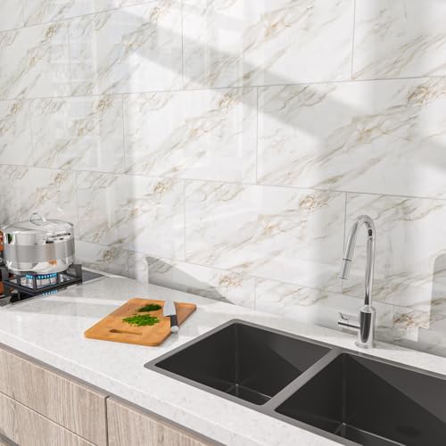 Marble Peel and Stick Backsplash 23.6 x11.8 in, 10PCS - color: Yellow-Gray Marble