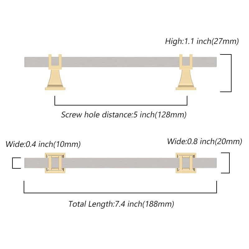 Asidrama 10 Pack 5 Inch(128mm) Brushed Satin Nickel and Gold Kitchen Cabinet Handles, Cabinet Pulls Kitchen Cabinet Hardware for Cupboard Drawer Pulls - color: Nickel-Gold, size: 5" Hole Center