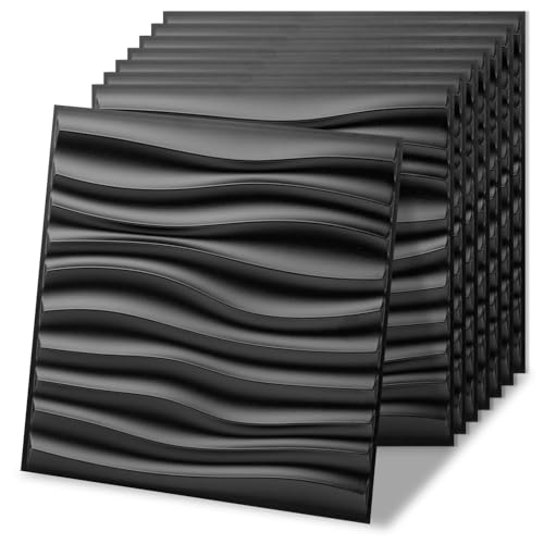 Art3d 20 Pack Decorative 3D Wall Panels, 19 Sq.Feet PVC Interior Wall Décor, 11.8"x11.8", Black - color: Wavy Black, size: 20 pcs