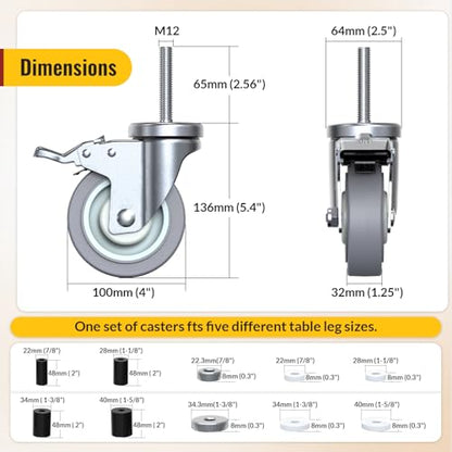 HOLKIE Caster Wheels Locking 4 Inch Expanding Stem Casters, Threaded Swivel Casters Set of 4 Heavy Duty Castors, Fit 1", 1-1/4", 1-2/5", 1-1/2",1-5/8" ID Stainless Steel Table, Cart, Furniture Legs - style: 4 Inch