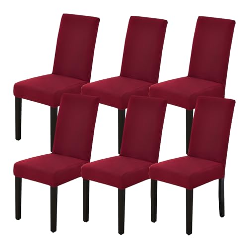 Dining Chair Covers Set of 6, Stretch Spandex Chair Slipcover, Wine Red Chair Slipcovers, Washable Anti-Dust Chair Seat Cover for Kitchen Dining Room, Wedding Party - color: Wine Red, size: 6Pcs