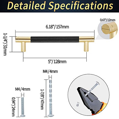 6" Length Knurled Cabinet Pulls 25 Pack - 5" Hole to Hole, Black & Gold - color: Black, size: 128mm | 5 inch C/C