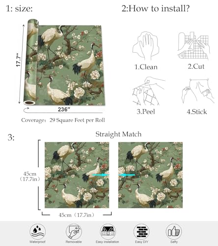 Chinoiserie Botanical Wallpaper, Crane Floral Peel and Stick Wallpaper - color: ML-M090, size: 17.7" x 236"