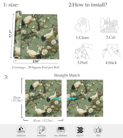 Chinoiserie Botanical Wallpaper, Crane Floral Peel and Stick Wallpaper - color: ML-M090, size: 17.7" x 236"