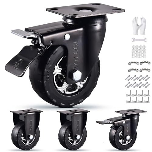 Heavy Duty 4 Inch Caster Wheels Set of 4 2200Lbs Capacity Silent Swivel with brake & Rigid TPR Rubber Wheels Locking Industrial Plate Casters for Cart Furniture Workbench 2 Fixed & 2 Swivel with Brake