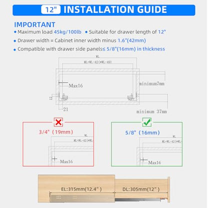 12 Inch Soft Close Undermount Drawer Slides,Full Extension,100 Lbs,1 Pair - size: 12 Inch