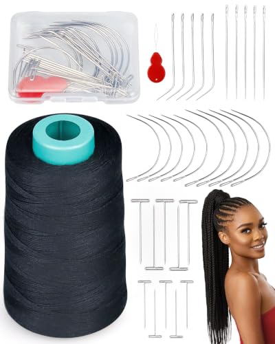 FIVEIZERO 900yd Black Sew in Hair Extension Thread and 30pcs T/C/J/I Needle - color: 900yd-black