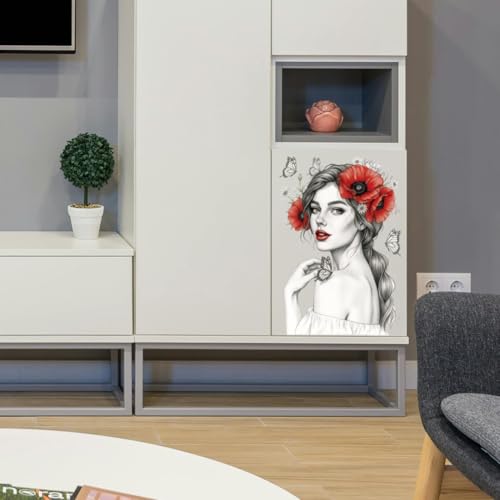 Peacoblue Woman Face Flowers Rub On Transfers for Furniture 6"x12" - style: Black Sketch Woman Face Red Flowers