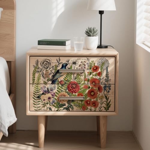 Peacoblue Bird Flower Bush Rub On Transfers for Furniture 6"x12" - style: Vintage Bird and Flower Bush
