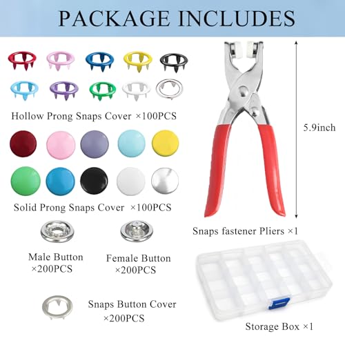 GTAAOY 9.5 mm Metal Snap Buttons with Snap Pliers, 200 Sets / 800 pcs - style: Mix Snaps-200set